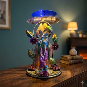 Statue du Seigneur Krishna en fer, entièrement en relief 3D, style art populaire, avec cadre en fer et éclairage LED |   Décoration de table artisanale |   Cadeau spirituel de Thanksgiving - Product Image 2