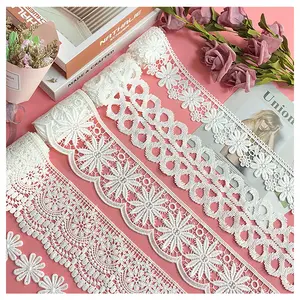 Top Quality Luxury Eyelet All Over Soft Water Soluble Lace Border Trim Fabric Embroidery Border Cotton Wedding Lace By Yard