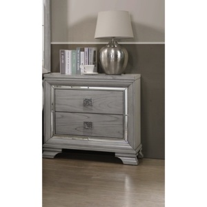 Contemporary Light Gray Brown 2 Drawer Nightstand <b>Mirrored</b> Accents Solid Wood Storage End <b>Table</b> - Product Image 2