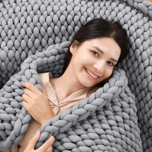 Hand made minimalism breathable therapy nature chunky knit heavy knitted weighted blanket
