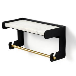 Modern <b>Wall</b> <b>Mounted</b> Marble <b>Shelf</b> with Towel Bar Bathroom Storage Rack Metal Organizer Holder for Vanity Washroom Decor - Product Image 1