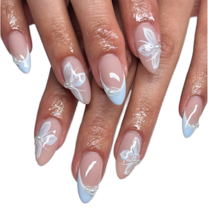 Uñas <span class=keywords><strong>Postizas</strong></span> Acrílicas de Alta Calidad, Color Azul Francés, con Diseño de Mariposa y Perla, Reutilizables, <span class=keywords><strong>Cortas</strong></span>, Almendradas, Cobertura Completa, 24 Piezas, Venta al Por Mayor - Product Image 1