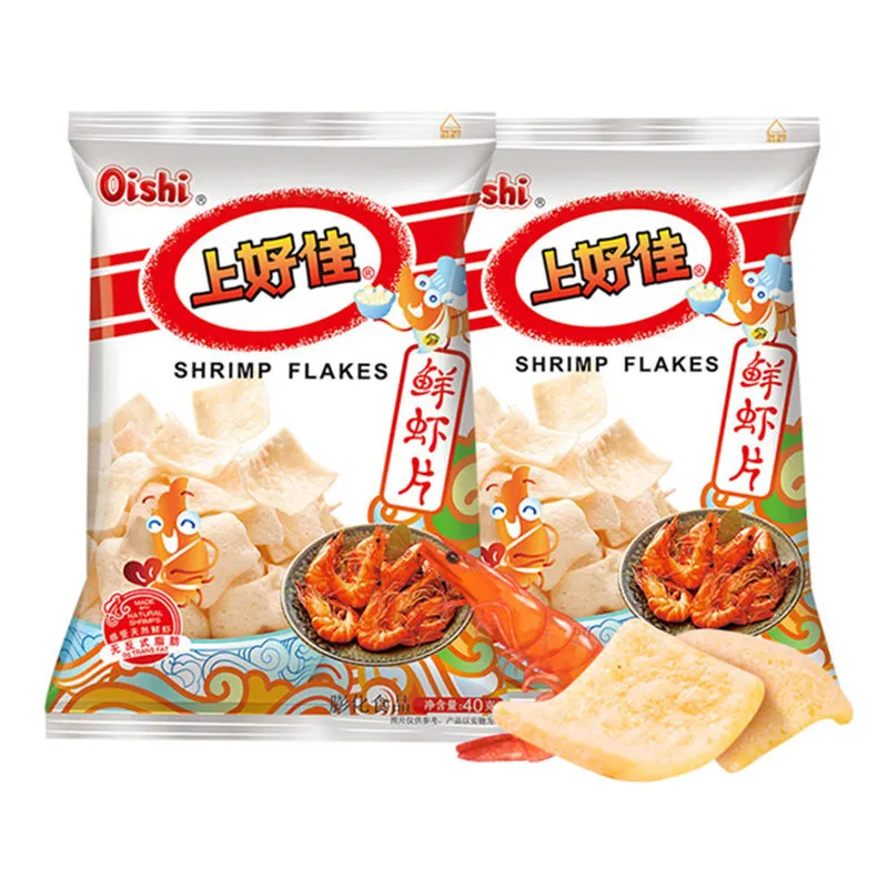 Großhandel chinesische Snacks Oishi Shrimps Chips gesunde exotische Weizenkorn Snack knusprige Garnelen Pommes Cracker verpackt 40g Puff Food