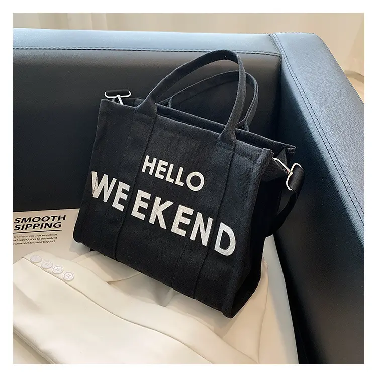 Direct Supplier New Simple Fashion Cross Body Large Letters Printed Long Strap Single Shoulder Tote Canvas Bag