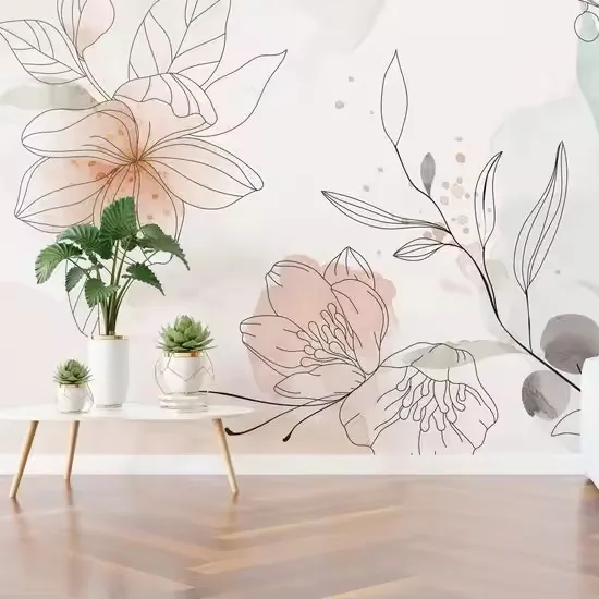 手描き花の取り外し可能な壁紙水彩植物ライン壁壁画自己接着大きな花アート壁の装飾