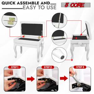 Banco para piano de madera con altura ajustable y asiento con almacenamiento, estilo clásico, color blanco - Product Image 4