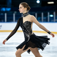 Robe de patinage artistique noire asymétrique à manches longues transparentes avec strass pour enfants et adultes, pour compétitions et spectacles sur glace