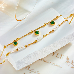Vintage Emerald Heart Two Layers Anklet Gold Plated Stainless Steel Transparent Crystal Bead Tiny Ball Charm Beaded Anklet - Product Image 4