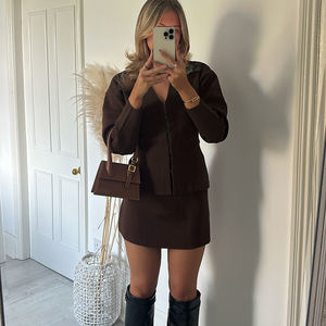 American Vintage <b>Brown</b> Knit Two Piece Set Women Waist Cinched Buttoned Short <b>Cardigan</b> and Slim Fit Bodycon Mini Skirt Set - Product Image 2