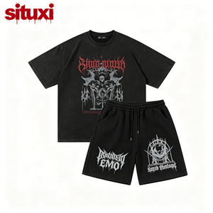Set T-shirt e Pantaloncini da Uomo Oversize in Cotone Pesante Lavato 100% Lavorato a Maglia Nero con Stampa DTG e Strass, Stile Streetwear - Product Image 6