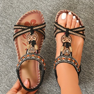 <span class=keywords><strong>Sandales</strong></span> <span class=keywords><strong>compensées</strong></span> bohèmes pour femmes, nouveau style, faites à la main, avec boucle en bois, nœud papillon et strass, antidérapantes, pour la marche pieds nus - Product Image 2