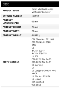 Potenciómetro Rotatorio M22-R2K2 Nuevo, 2200 Ohm, 0.5VA, 250V, 10% Lineal, Recorte de 22.5mm, IP66, Montaje con Tornillo, Terminal Industrial - Product Image 2