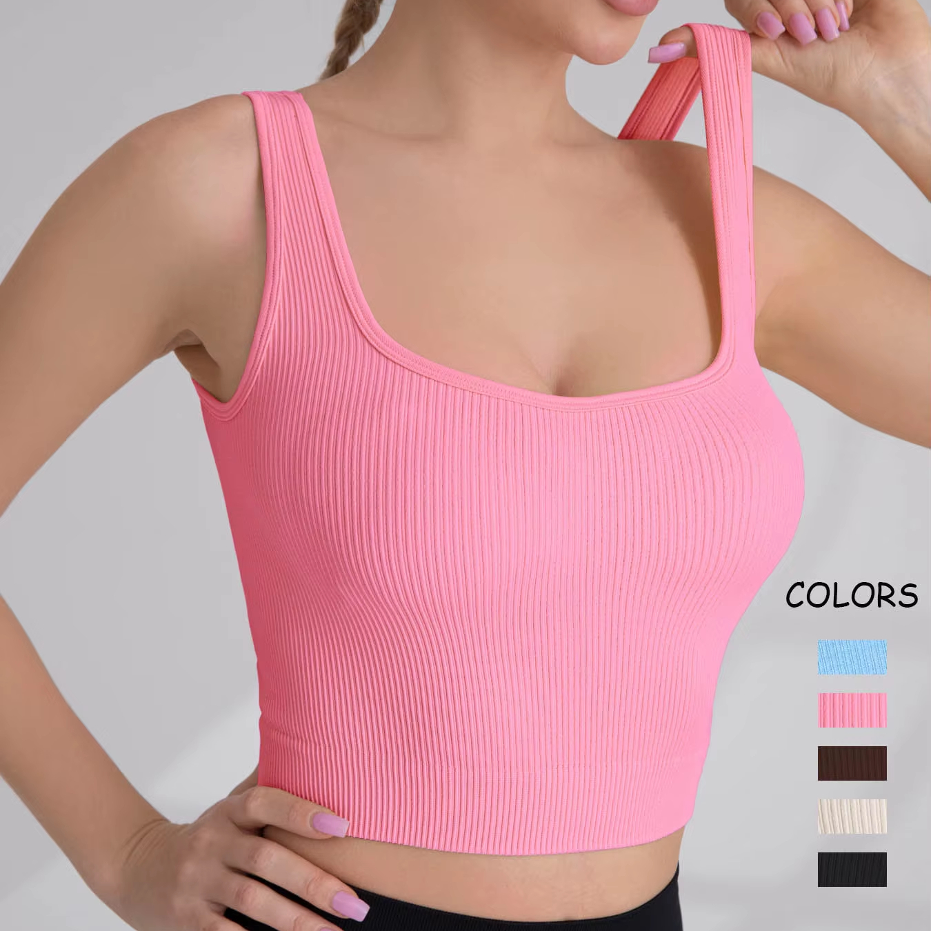 Women Ribbed Seamless Yoga Shirts Lady Square Neck Open Back Gym Top Female Gather Thick Shoulder Strap Running Fitness T Shirt