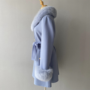 <span class=keywords><strong>Cappotto</strong></span> di lana fatto a mano elegante a doppio viso traspirante con colori personalizzati lusso con collo di pelliccia di vera volpe <span class=keywords><strong>cappotto</strong></span> di lana blu chiaro da donna invernale - Product Image 3