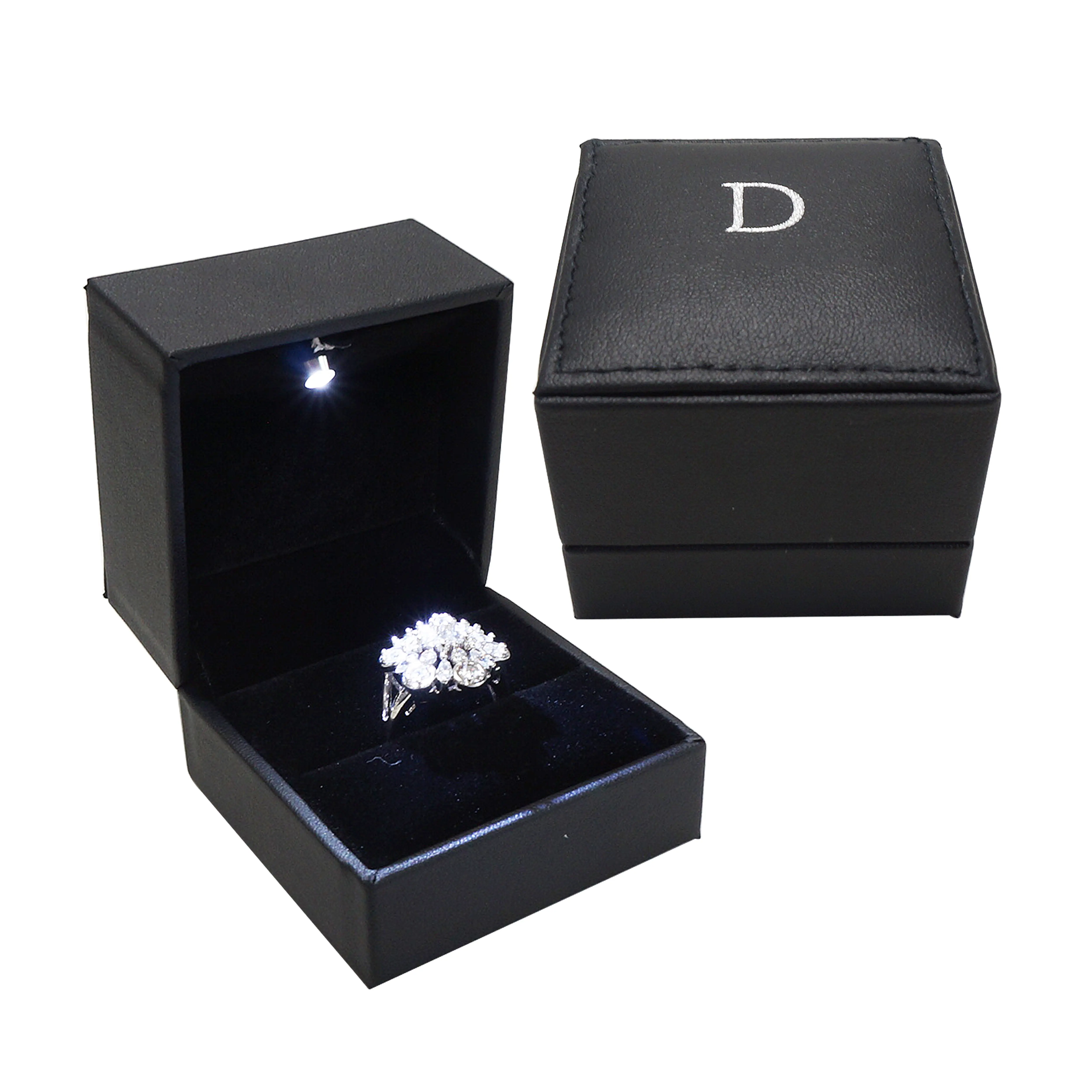 Custom romantic small engagement ring box black pu leather plastic jewelry box led lighted jewellery ring box wholesale