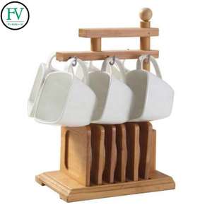 Portabicchieri in bambù <span class=keywords><strong>e</strong></span> set di tazze da <span class=keywords><strong>caffè</strong></span> <span class=keywords><strong>e</strong></span> <span class=keywords><strong>piattini</strong></span> in ceramica tazze quadrate in pura porcellana bianca - Product Image 2