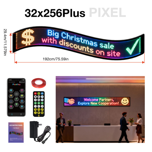 32x256P Flexible LED Matrix Panel Linkable 4-Screen Connection App Programmable RGB Pixel Display for Large Advertising Signage