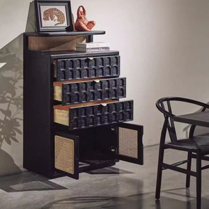 Solid Wood Sideboard Oak Rattan Woven <b>Storage</b> Cabinet Double Doors Nordic Style Entryway Furniture Small Apartment Home Use - Product Image 1