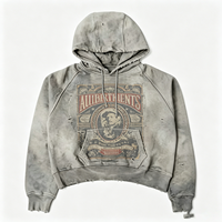 Sweat à capuche délavé pour homme, effet vieilli, bords bruts, imprimé graphique gris, en coton épais, coupe oversize, direct usine