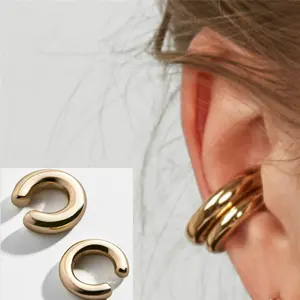 Fashion Round Circle Gold Plated Huggie Stud Non Piercing Metal Hoop Jewelry Earring Ear Cuff for Women