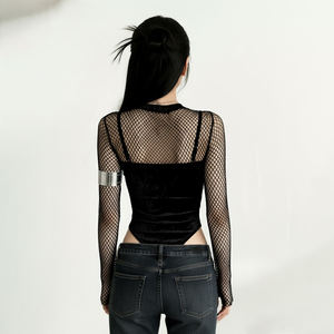 Camisa de manga larga de dos piezas para mujer, estilo oscuro, con estampado de bloques de color, sexy, ajustada, para verano - Product Image 3