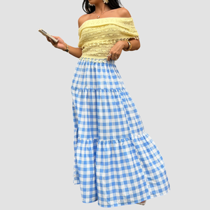 Jupe longue à carreaux bleus pour vacances d'été à la plage, taille élastique, taille haute, jupe midi, nouvelle arrivée, jupe midi de plage - Product Image 3