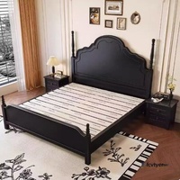 Lit de Mariage Vintage en Bois Massif de Style Médiéval Français, Tailles 1.8m x 2m et 2m x 2.2m, Lit Simple de Chambre Principale de Style Américain avec Système de Levage à Gaz