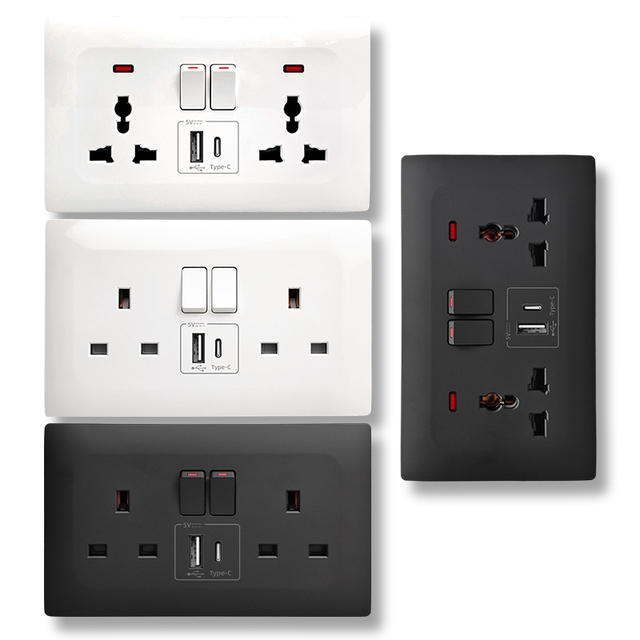 Luxury New Style UK Standard Wall Sockets Double 3 Pin Multifunction Power Strip with USB Type-C Charging Electric Light Switch