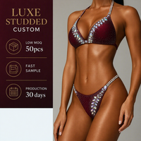 Maillot de bain de compétition personnalisé, design scintillant avec cristaux AB, cousu main, pour femme, musculation, fitness, scène, en Spandex/Nylon