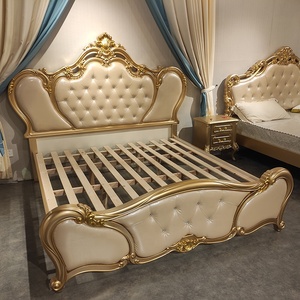 Luxury Champagne Gold Carved French <strong>Royal</strong> Leather King Size Bedroom Set <strong>Bedframe</strong> for Home or Apartment Furniture - Product Image 1