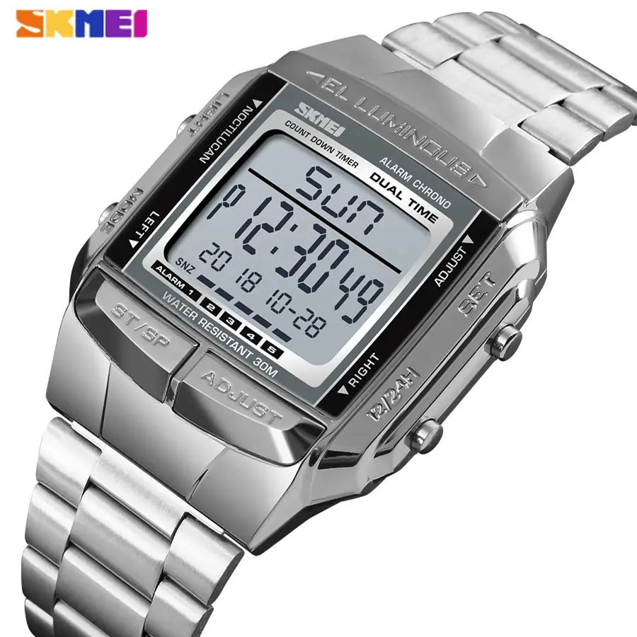 SKMEI 1381 Men Digital Stainless Steel Watch Week Date Alarm Luminous Countdown