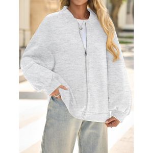Sudadera con cremallera para mujer, chaqueta bomber, manga farol, ropa exterior informal de otoño de gran tamaño - Product Image 4