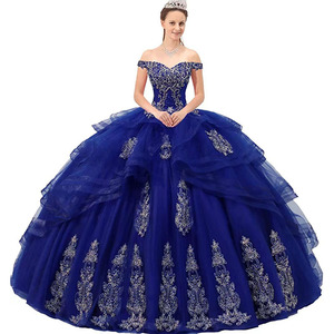 Royal Blue Off Shoulder Puff Skirt Performance Dress Women Stage Costume Long Skirt Polyester Vocal Art Exam Wear - Product Image 1