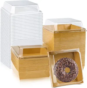 Contenitori per alimenti di vendita caldi quadrati usa e getta da forno Charcuterie Brown Paper Clear Cake Box 6 pollici Board con rivestimento in poliestere