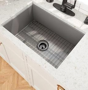 Évier de cuisine moderne Matt Basln 30 pouces, cuve simple, en porcelaine, avec plateau, carré, sans robinet, en laiton - Product Image 4