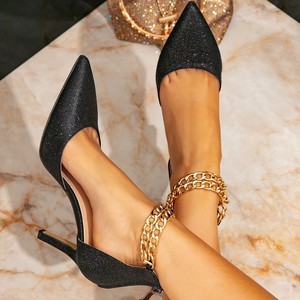 Sandales à talons hauts QLFashion, noires, chaussures pour femmes, fines, avec chaîne en métal, pointues - Product Image 5