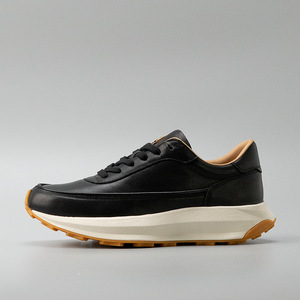 Black Genuine <b>Leather</b> Round Toe <b>Sneakers</b> Lace-up Thick Sole Rubber Outsole EVA Midsole Cushioned All Seasons Casual Shoes - Product Image 1