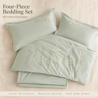 Parure de lit en coton vert doux avec broderie florale, teinture réactive, ensemble de 4 pièces pour une décoration de chambre fraîche