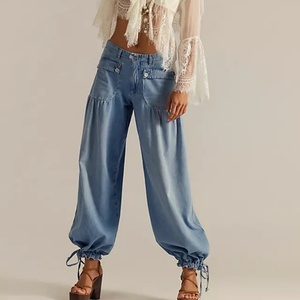 Pantalon Palazzo en Jean Vintage 2025 Tendance avec Poches Décoratives et Patchwork, Coupe Décontractée et Revers, pour Femme - Product Image 1