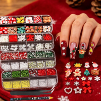 4 Kotak Set Hiasan Kuku Natal Resin Snowflake Rhinestones Beads 3D Dekorasi Kuku Mix Bow Bunga Mutiara Aksesoris Kuku