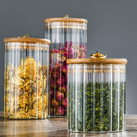 Frasco de Vidrio con Rayas Verticales y Tapa de Bambú, Anillo Metálico, Recipiente de Vidrio de Borosilicato para Té, Alimentos Secos, Almacenamiento de Cocina