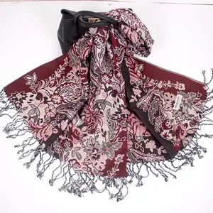 GEERDENG Latest Design Factory Wholesale Price Nepal Style Flower Printed Jacquard Scarf and Shawls Tassels Pashmina