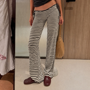 Pantalon extensible taille basse à rayures colorblock avec découpes latérales et liens, style urbain européen et américain, coupe flatteuse, basique et décontracté, pour un look tendance. - Product Image 1