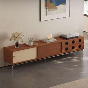 Meuble TV en bois massif de style vintage, color-block, beige, unité de rangement rétro nordique, meuble audiovisuel pour salon - Product Image 3