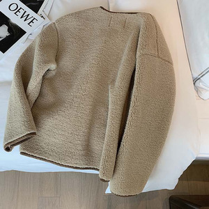 Faux Lamb Wool Coat Women Off White Khaki Black Solid Color Medium Thickness Pocket Autumn Winter Short Round Neck Top - Product Image 4