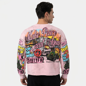 เสื้อยืดแขนยาว Make Peace Great Again สำหรับผู้ชาย ทรงโอเวอร์ไซส์ สตรีทแวร์ พิมพ์ลายผ้าคอตตอนเจอร์ซีย์ คอกลม สีชมพู ลายพิมพ์ด้านหลังพร้อมโลโก้ - Product Image 6
