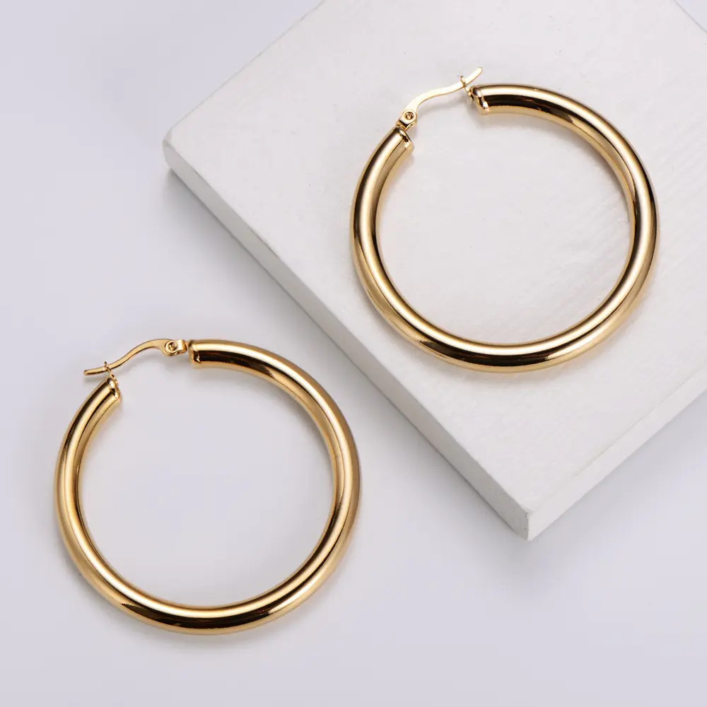 high end stainless steel 18k gold plated hollow chunky 5mm thick tube hoop earring