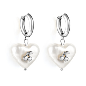 Pendientes de aro de acero inoxidable con forma de corazón y dije de perla de cereza, color dorado, para mujer, joyería de moda - Product Image 4