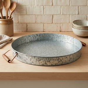 Galvanized Metal Round Modern Foldable Double Tier Serving Tray with Handles - Product Image 3