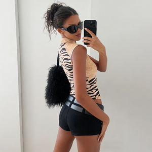 Top de verano con estampado animal, cuello con volantes y cintas tejidas, sin mangas, con lazo, estilo club/discoteca para mujer - Product Image 4